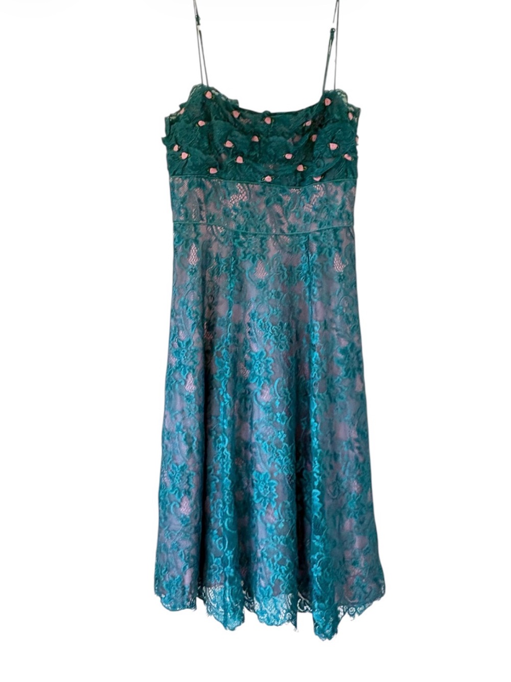 Betsey Johnson Teal Lace Spaghetti-Strap Dress with Pink rose  Accent